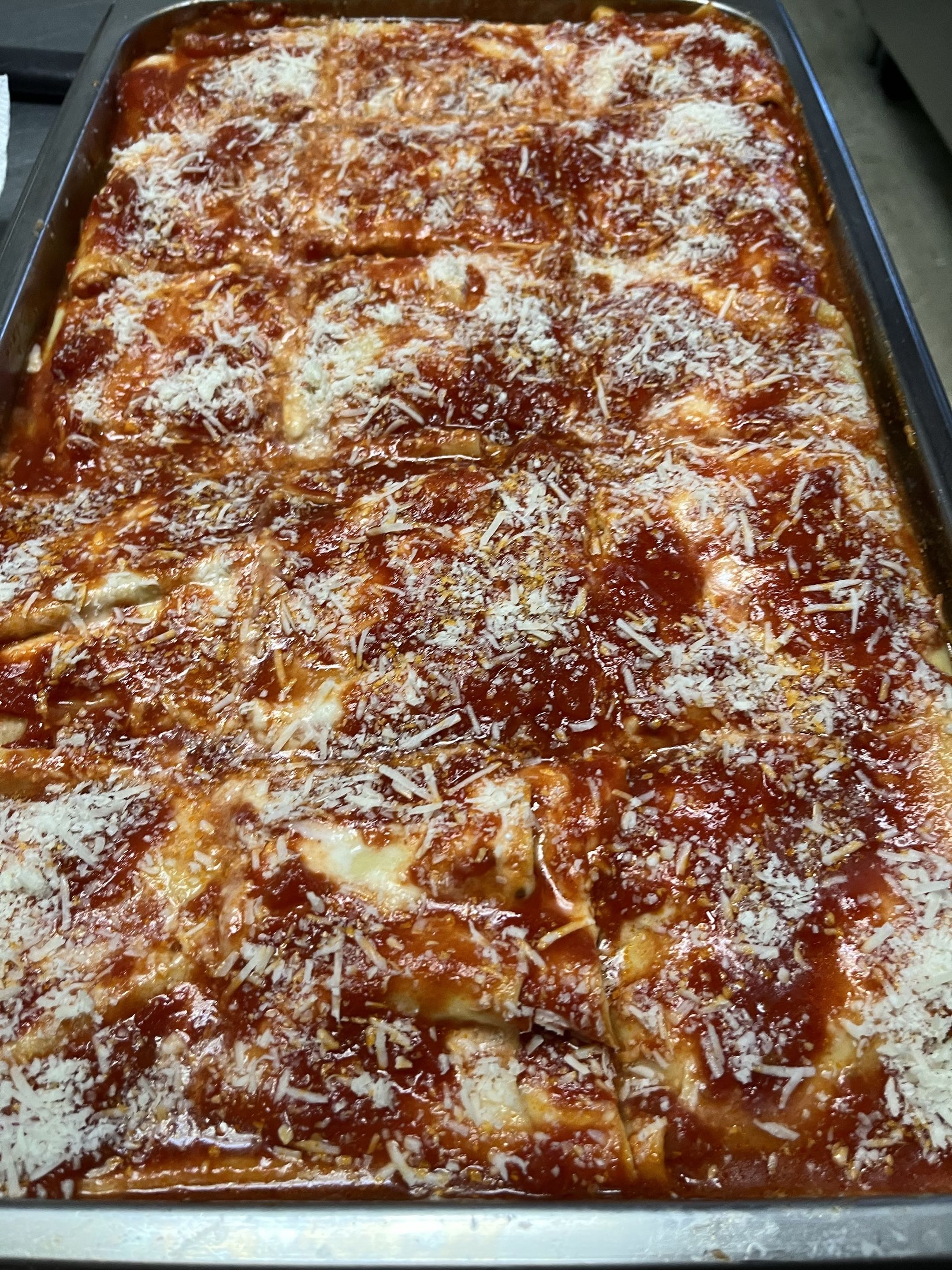 Homemade lasagna tray fresh from the oven